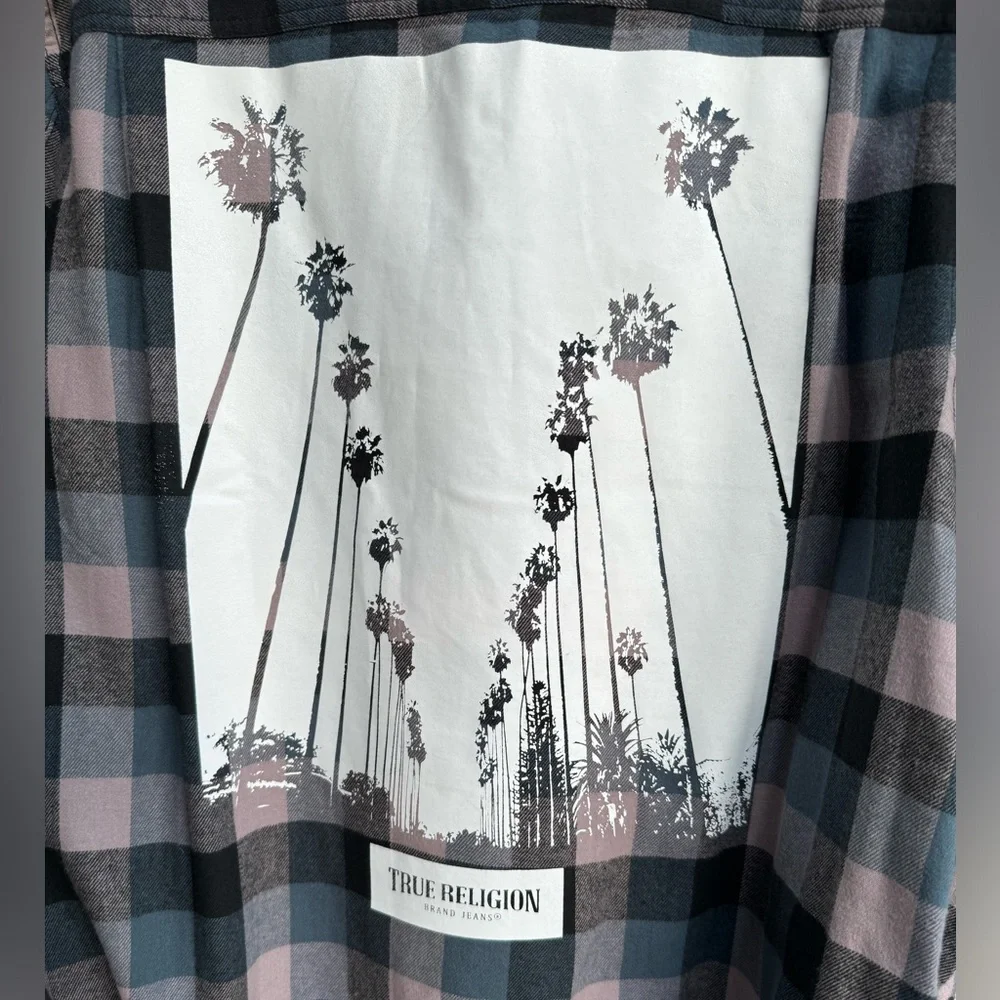 True Religion Palm Tree Check Plaid Long Sleeve Button Down Shirt. NWT. Size- XL